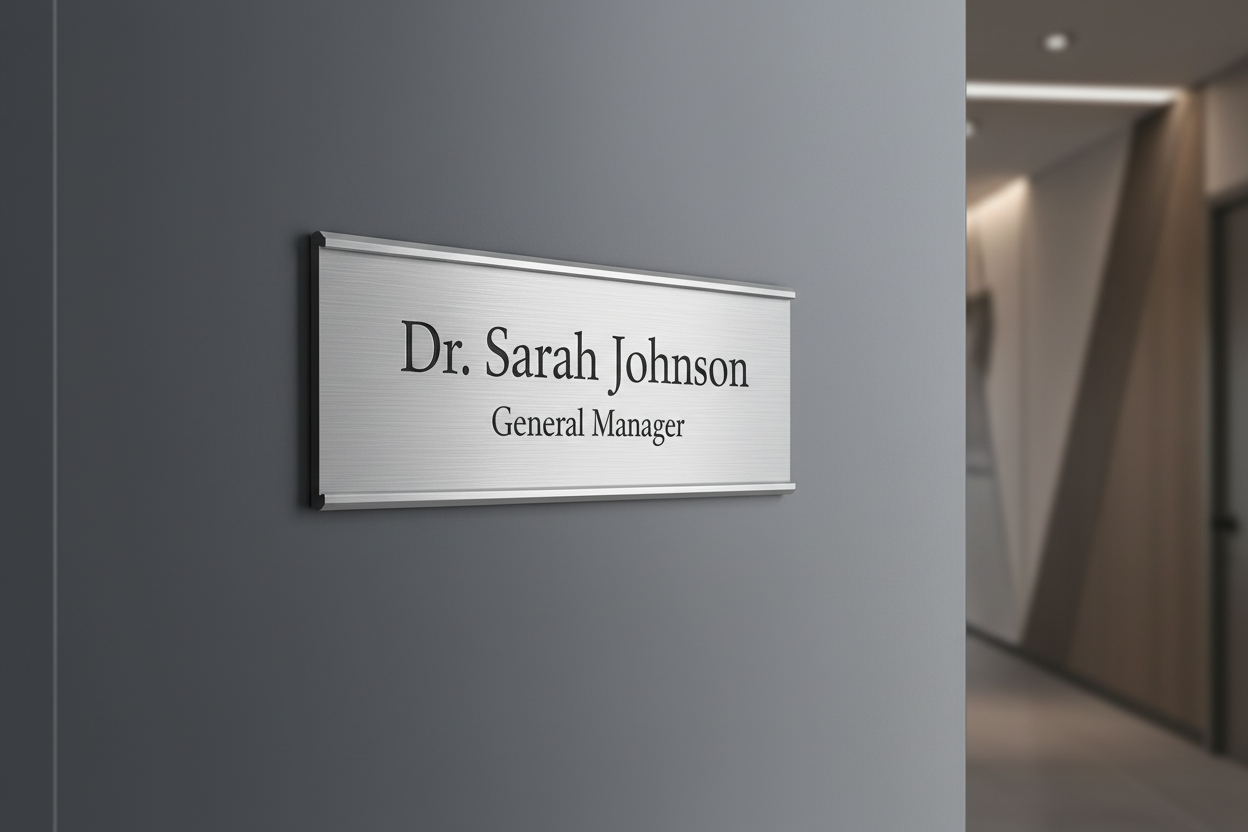 Brushed aluminium office door name plate with custom engraved text