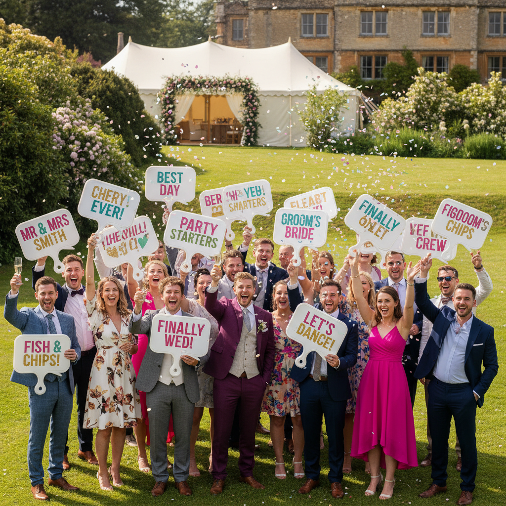 People holding custom handheld signs at wedding celebration