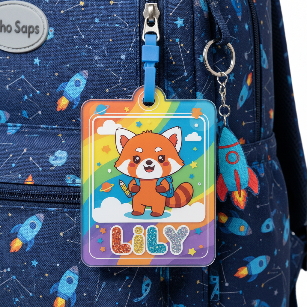 Colorful personalized school bag tag with cartoon character