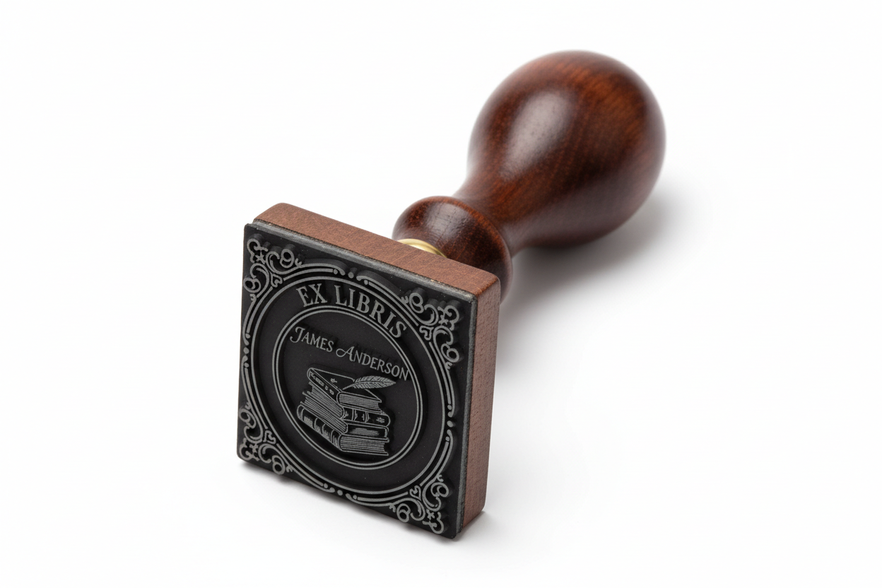 Personalised Ex Libris library stamp with name and decorative book design