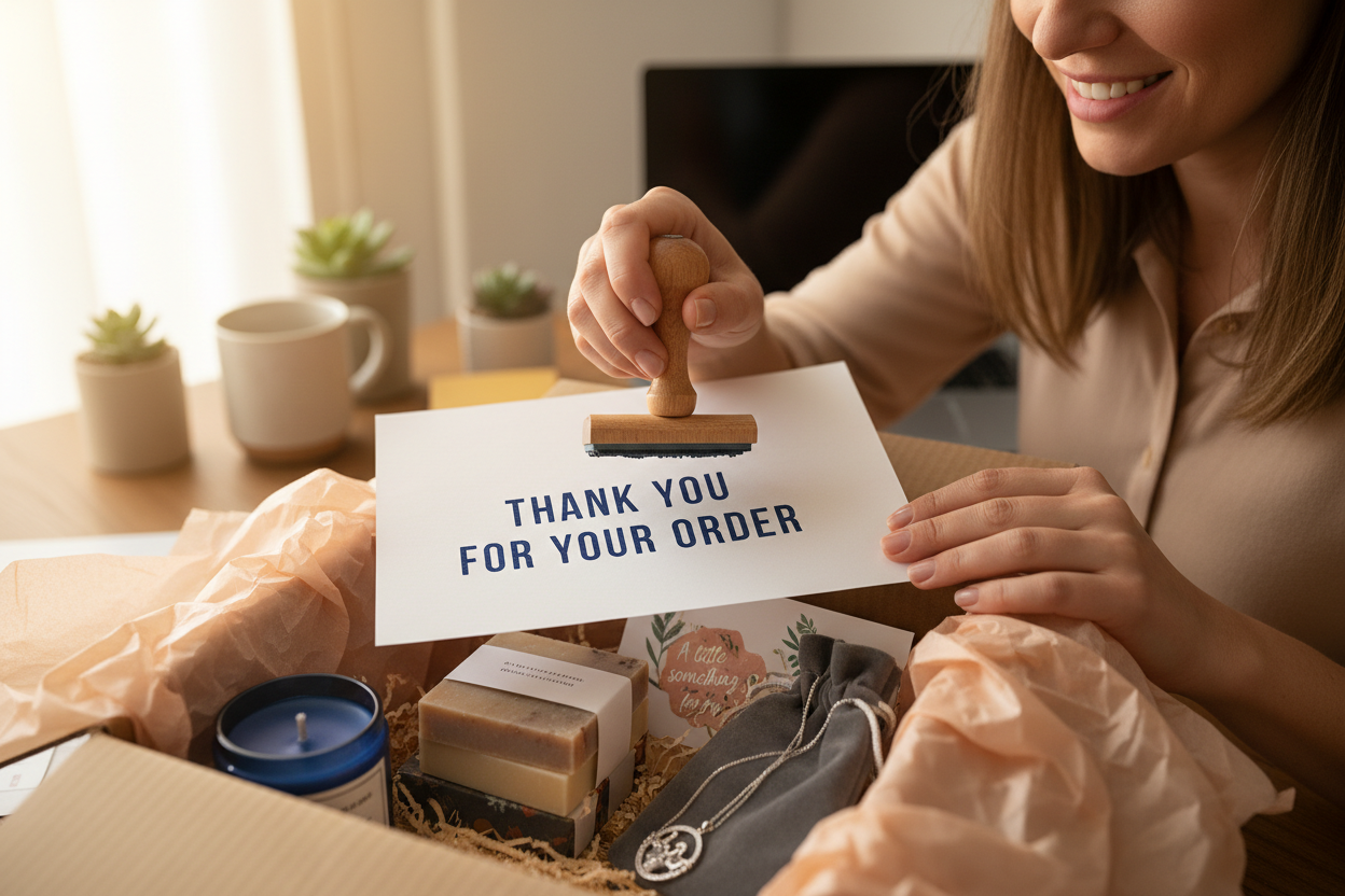 Small business owner stamping thank you message on packing slip