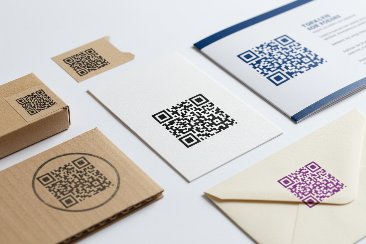 QR code stamp impressions on business cards labels and packaging materials