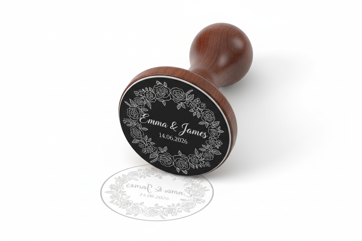 Large personalised wedding stamp 60mm with couple names date and floral design