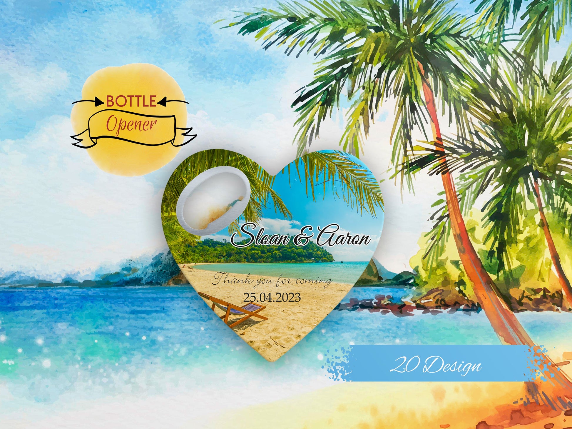 Tropical Beach Wedding Favor: Heart Bottle Opener Magnet - Image 1