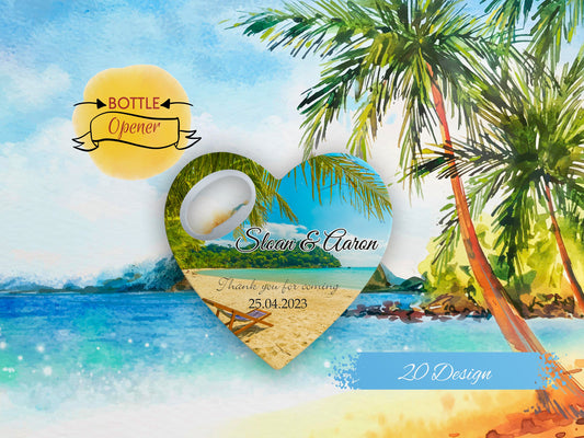 Tropical Beach Wedding Favor: Heart Bottle Opener Magnet - Image 1