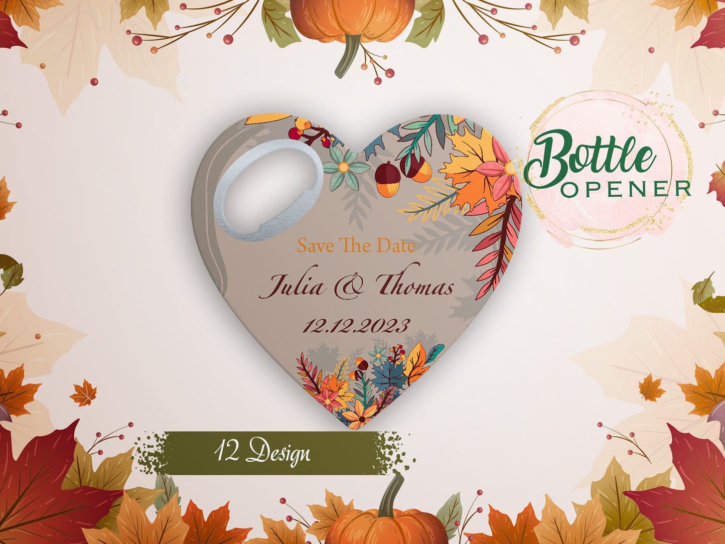 Fall Wedding Favor: Heart Bottle Opener Magnet, Custom Autumn Gift - Image 1