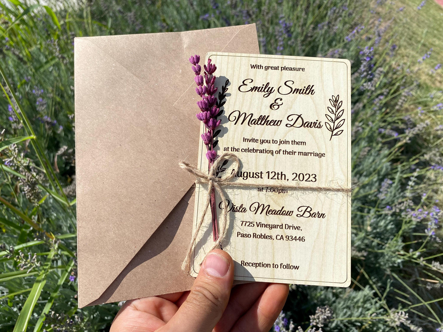 Personalized Wood Wedding Invitation: Rustic Floral Lavender Design - Image 1