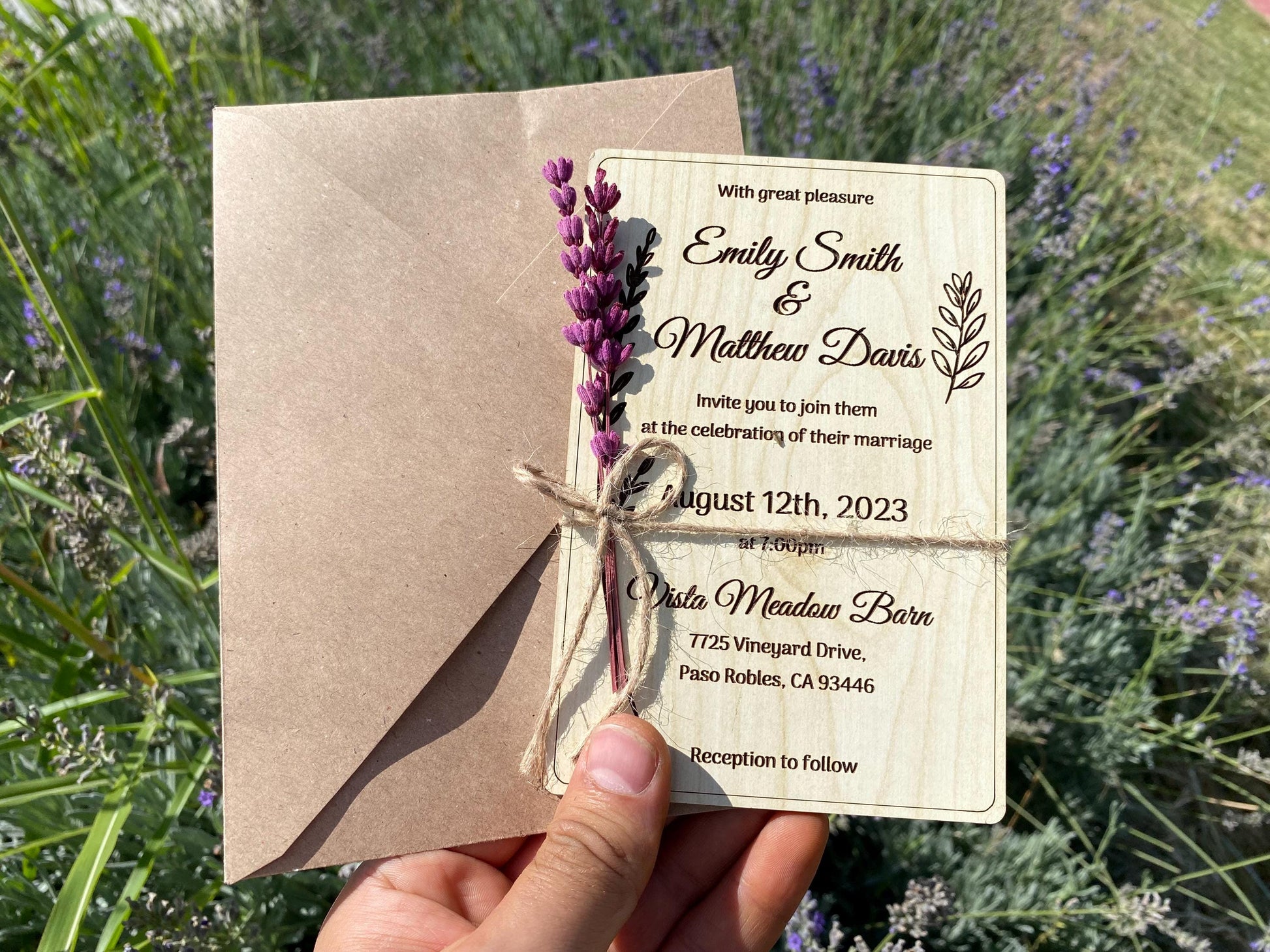 Personalized Wood Wedding Invitation: Rustic Floral Lavender Design - Image 1