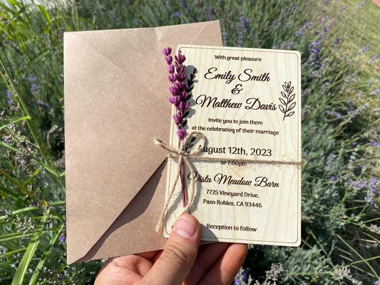 Personalized Wood Wedding Invitation: Rustic Floral Lavender Design - Image 1