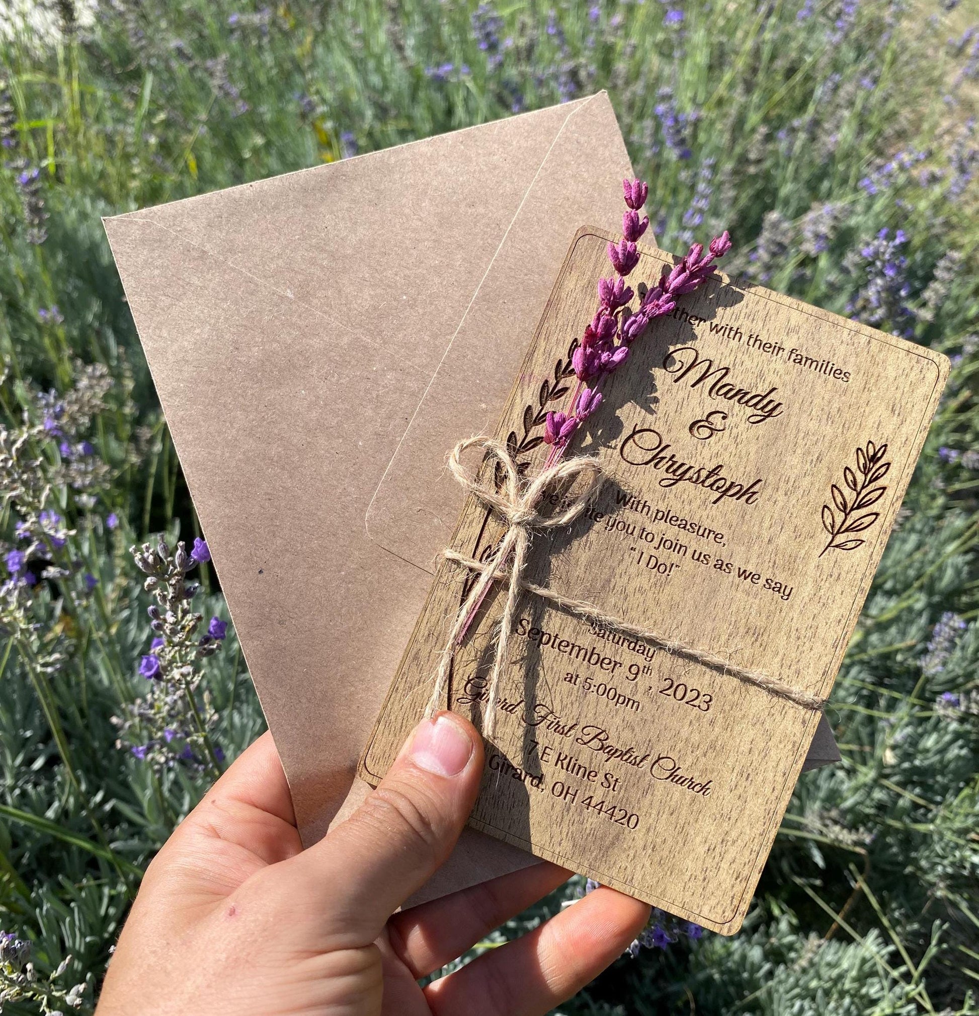 Personalized Wood Wedding Invitation: Rustic Floral Lavender Design - Image 2