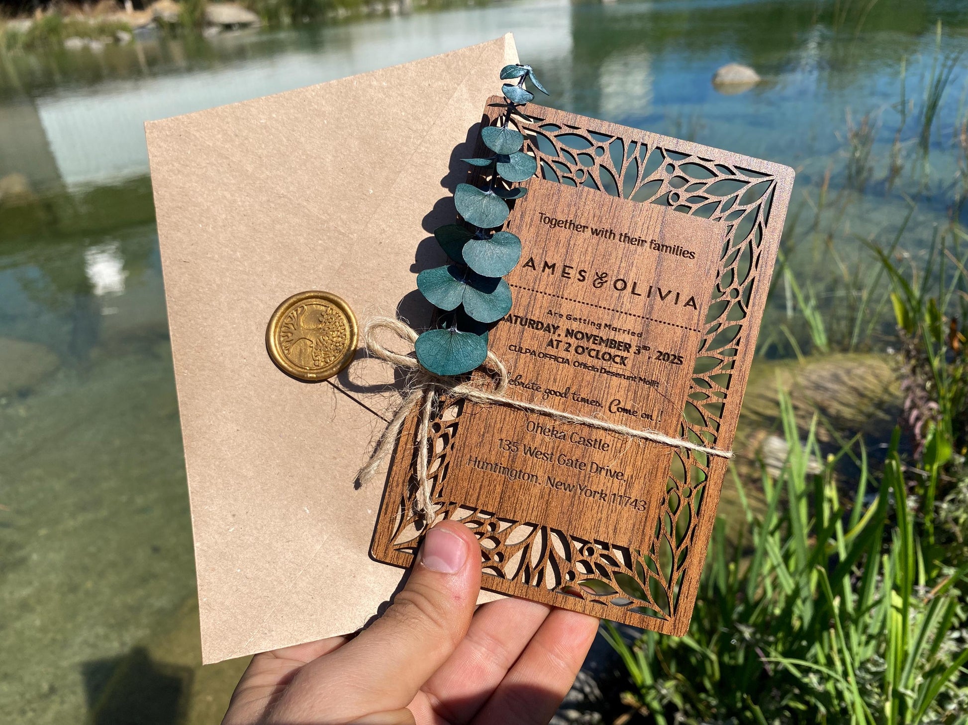 Rustic Wooden Wedding Invitation: Eucalyptus Laser Cut Set - Image 1