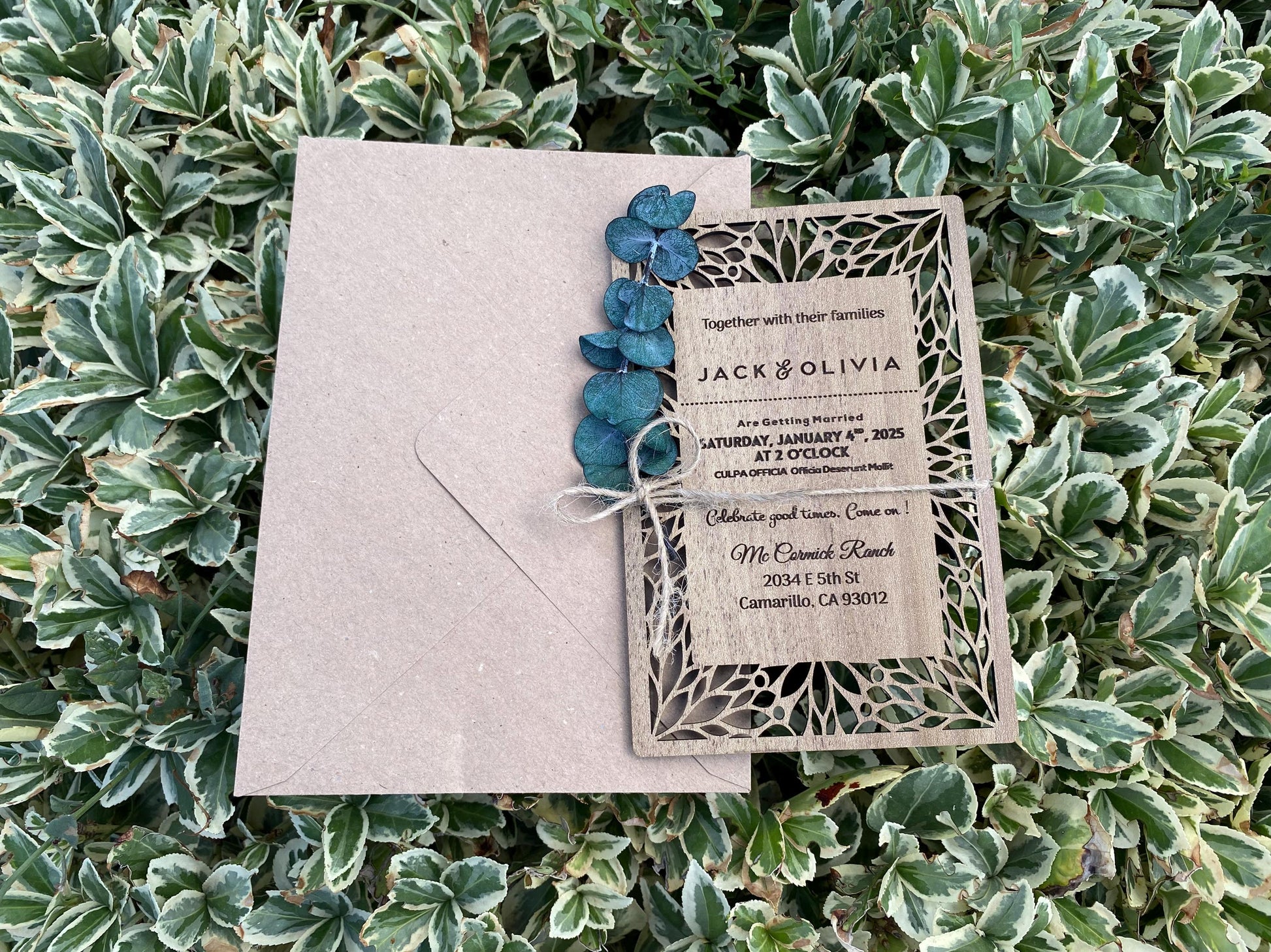Rustic Wooden Wedding Invitation: Eucalyptus Laser Cut Set - Image 2