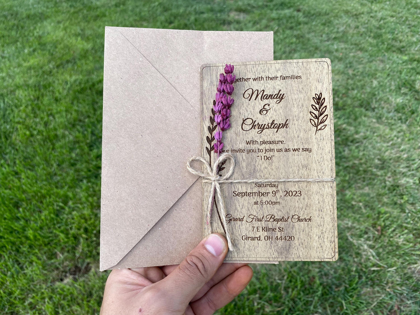 Engraved Wooden Wedding Invitation with Dried Flower & Twine - Image 1