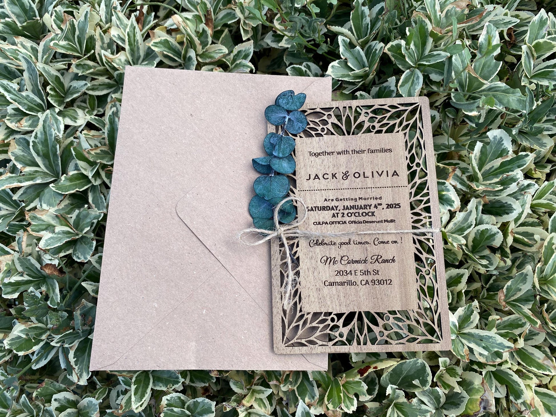 Engraved Wooden Wedding Invitation with Dried Flower & Twine - Image 2