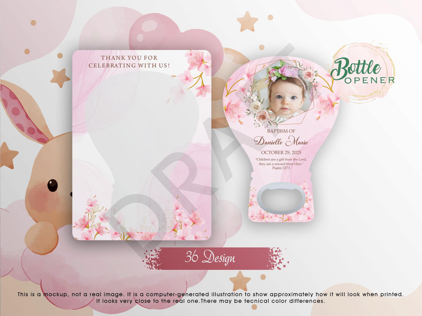 Personalized Baptism Magnet Bottle Opener: Floral Christening Favor - Image 1