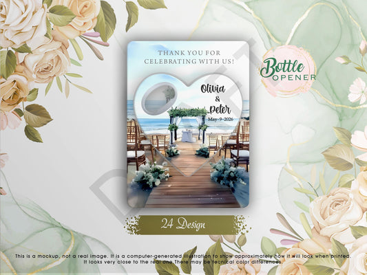 Personalized Beach Wedding Favor Magnet Bottle Opener: Heart Shaped Destination Souvenir - Image 1
