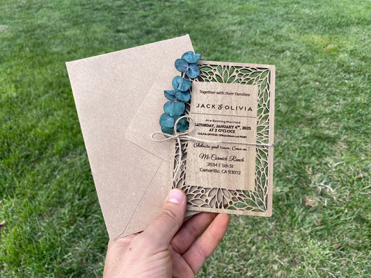 Eucalyptus Floral Tropical Wedding Invitation - Beach Weddings - Laser Cut Wooden Wedding Invitations - Image 1