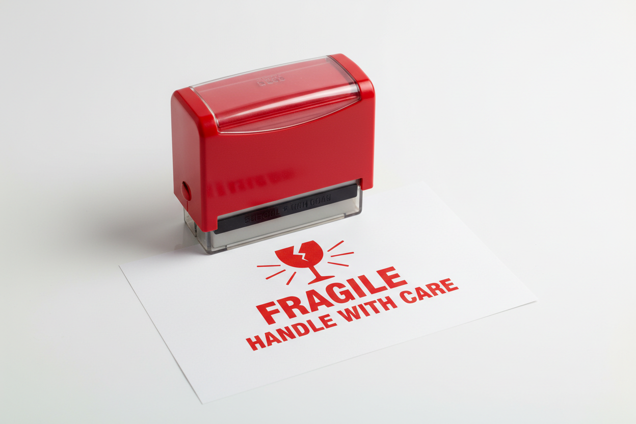 Red self-inking FRAGILE HANDLE WITH CARE stamp with warning icon