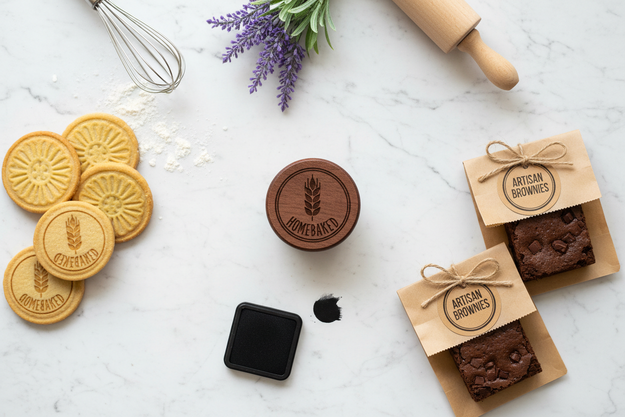 Flat lay of baker's stamp with artisan cookies brownies and baking elements on marble