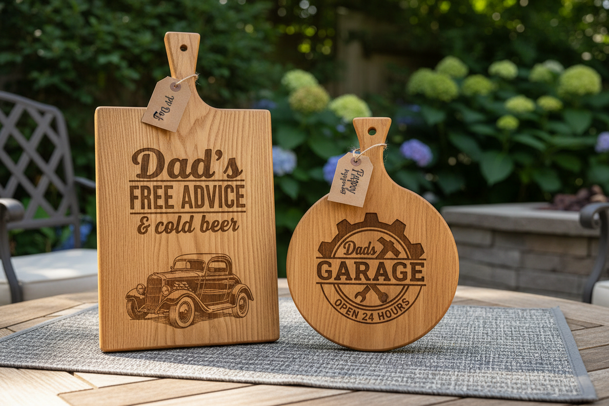 Dad's Garage themed oak cutting boards with vintage car design