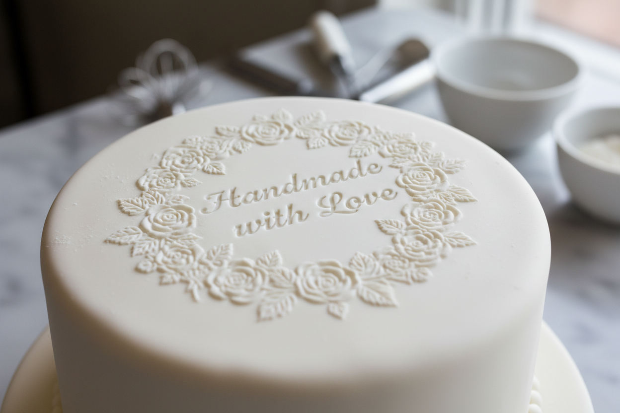 Handmade with Love stamp impression embossed on white fondant wedding cake