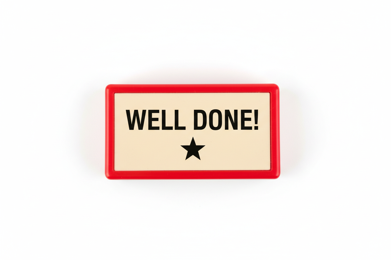 Self-inking teacher stamp showing clear Well Done text with star
