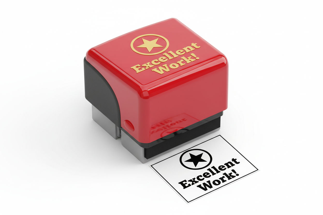 Red self-inking teacher reward stamp with Excellent Work message and star icon