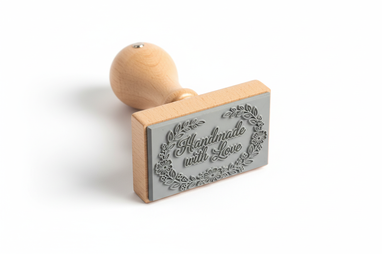 Premium Handmade with Love baker's stamp with wooden handle and detailed floral wreath design