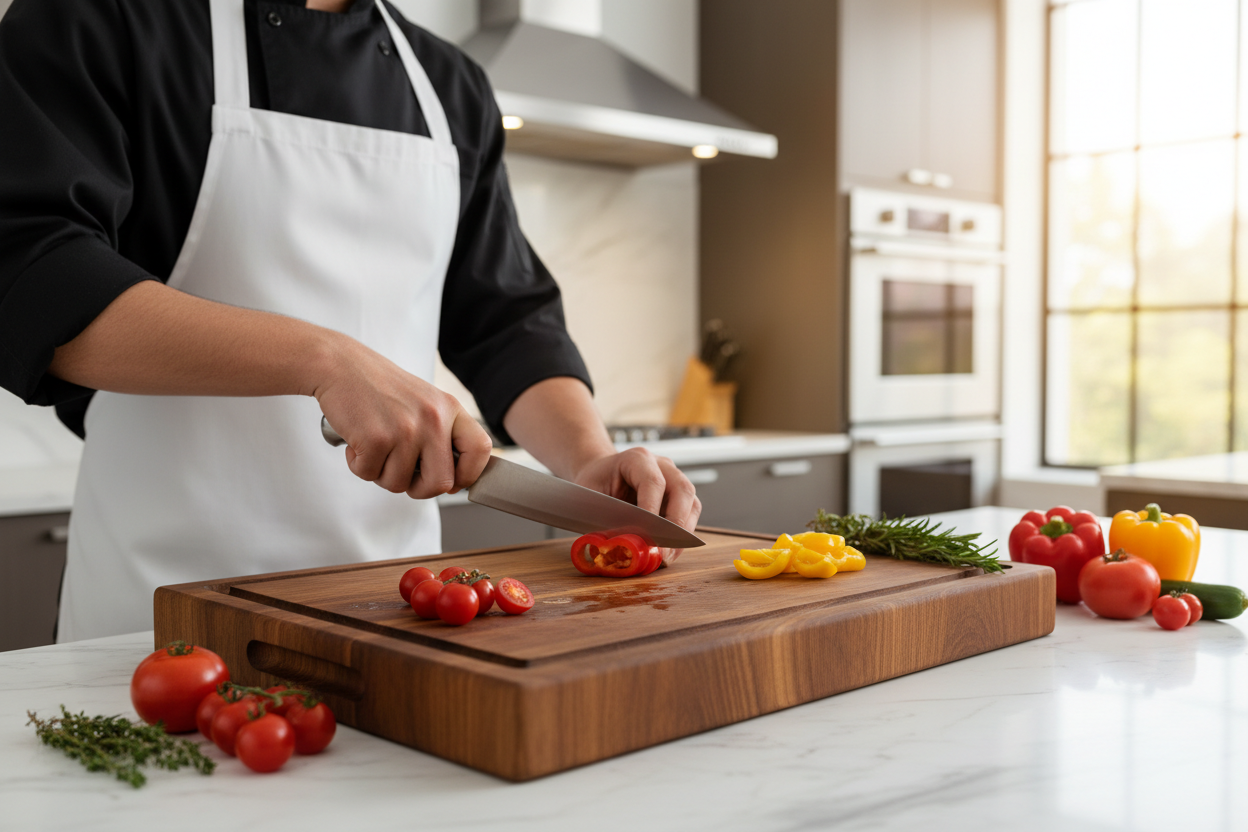 Chef chopping fresh vegetables on premium oak cutting board in modern kitchen