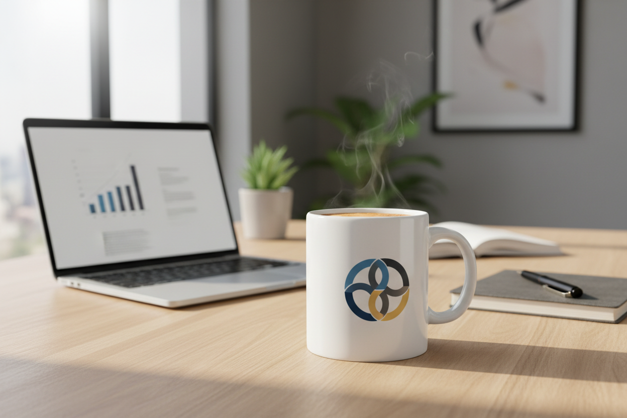 Corporate branded custom mug on office desk with laptop