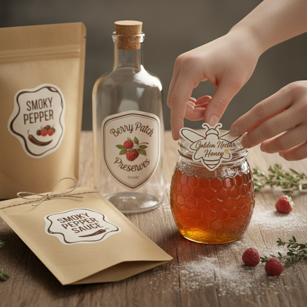 Die-cut product labels on artisan food packaging