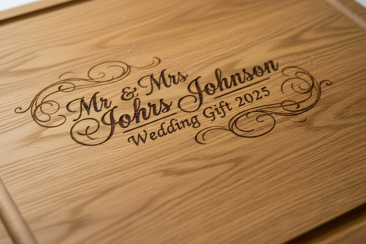 Close-up of precision laser engraving detail on oak cutting board