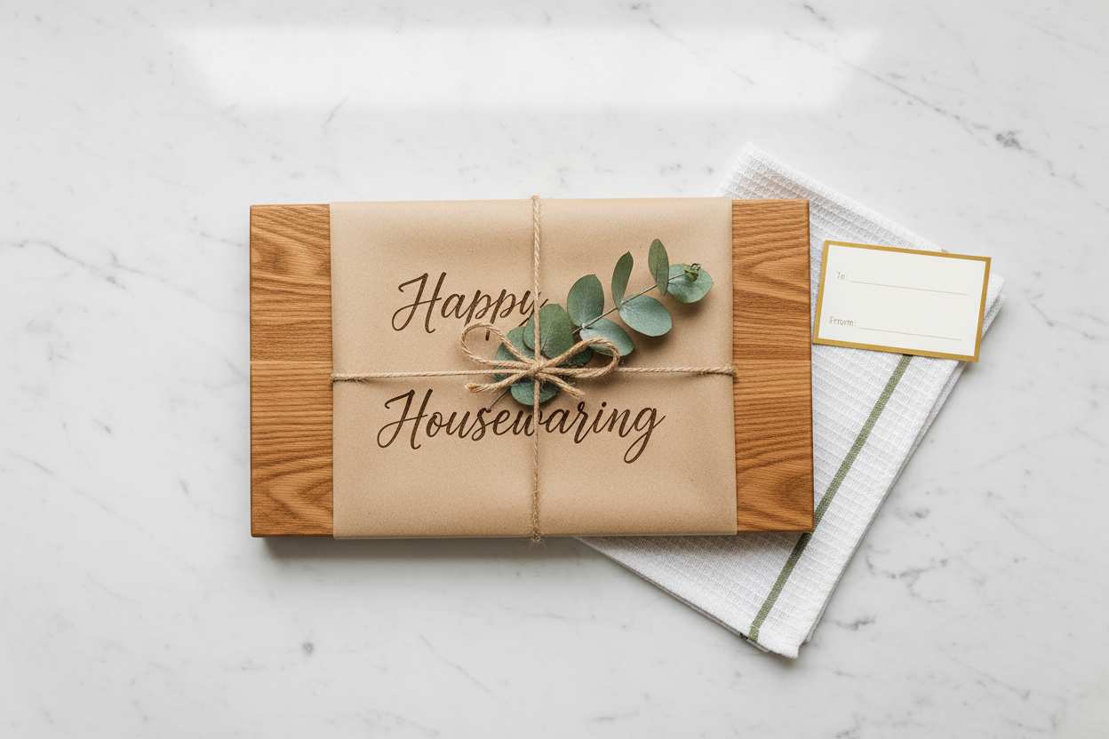 Gift wrapped personalised cutting board with kraft paper and eucalyptus