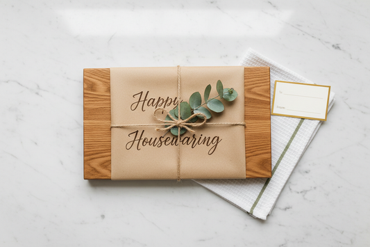 Gift wrapped personalised cutting board with kraft paper and eucalyptus