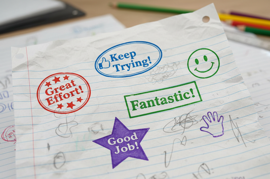 Multiple colorful teacher stamp impressions showing various feedback messages