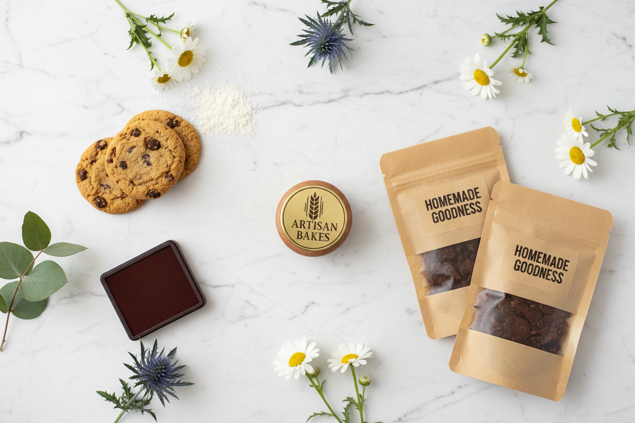 Flat lay of baker's stamp with artisan cookies and packaging on marble surface