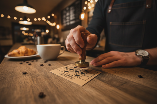 Barista stamping customer loyalty card at coffee shop counter