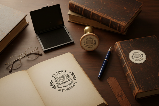 Ex Libris stamp with vintage books fountain pen and reading glasses