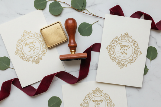 Large premium wedding stamp with gold ink pad and stamped invitations