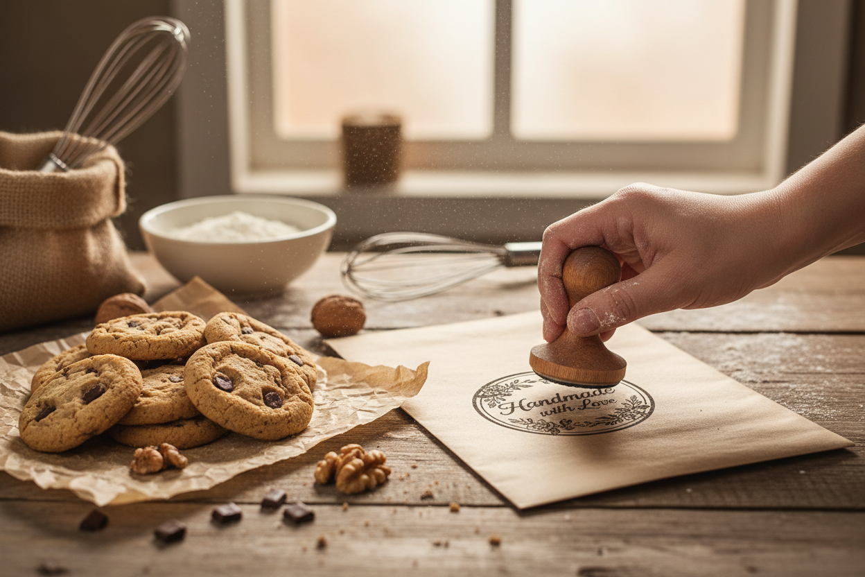 Baker stamping Handmade with Love design on kraft paper packaging with fresh cookies