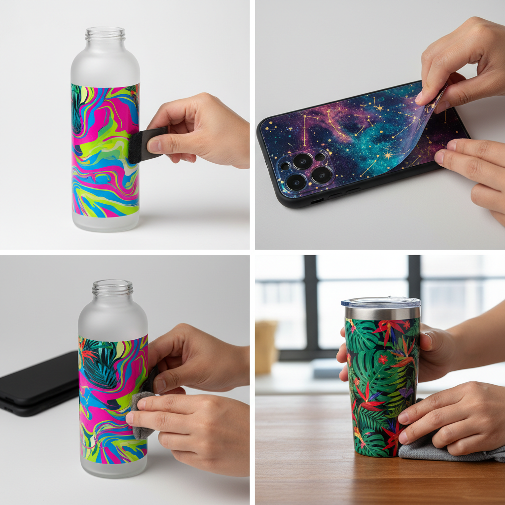 UV DTF transfers applied to water bottles and tumblers