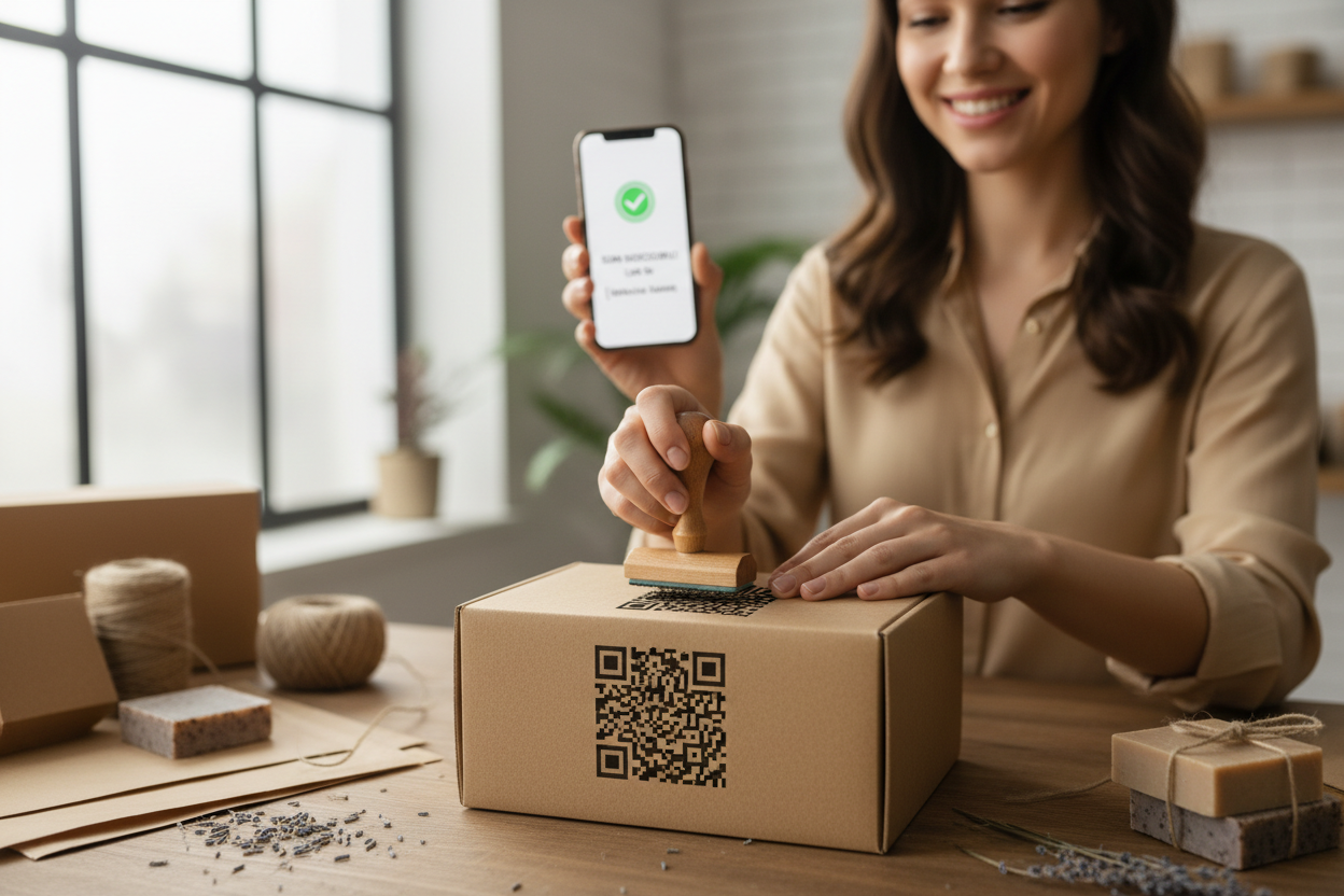 Business owner stamping QR code on product packaging with smartphone scanning