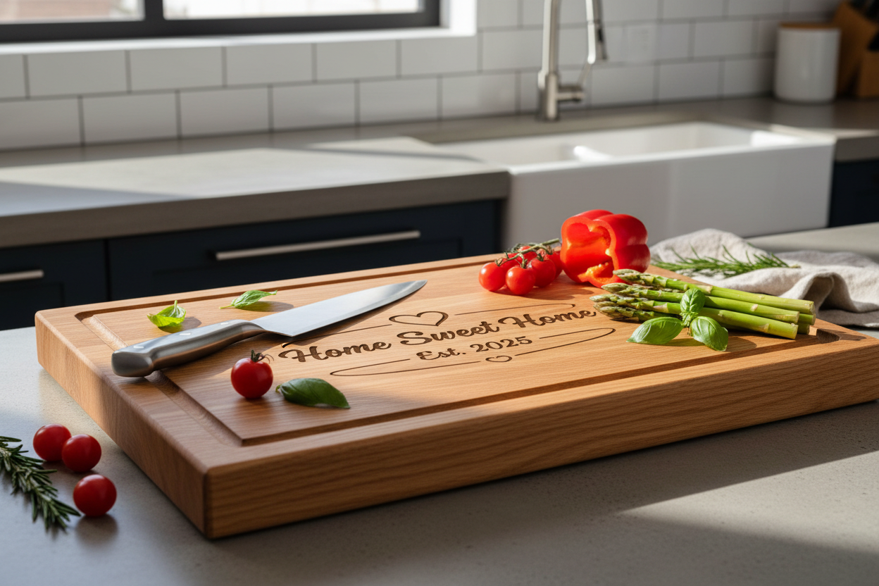 Engraved cutting board in modern kitchen with fresh vegetables and herbs