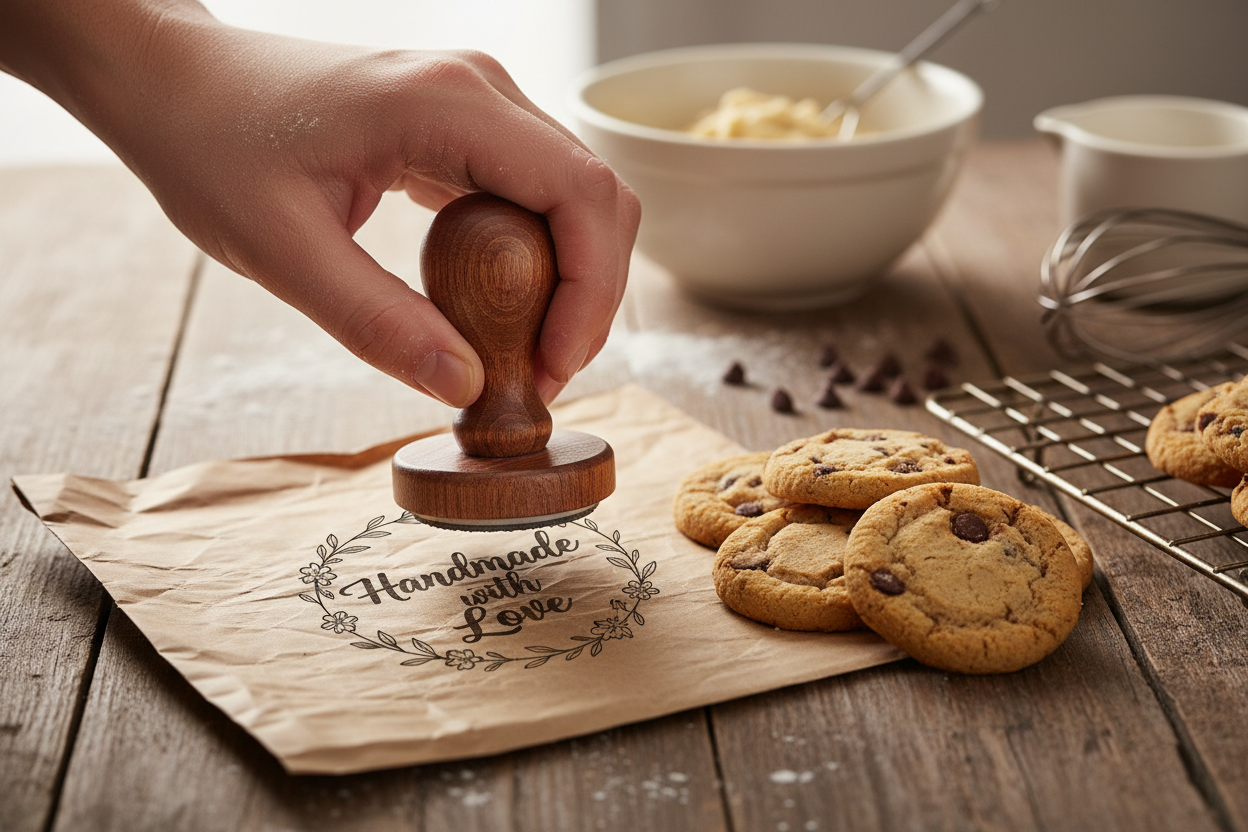 Baker using Handmade with Love stamp on kraft paper packaging for cookies