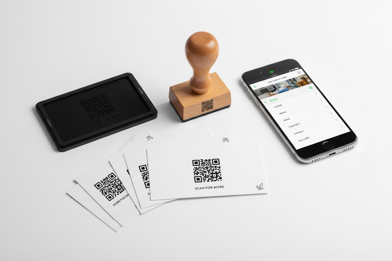 QR code stamp system with smartphone showing linked website content