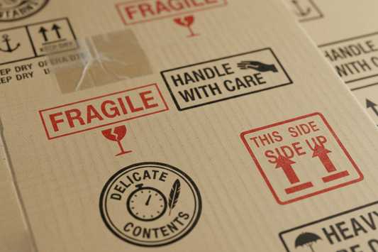 Multiple fragile and handling instruction stamp impressions on packages