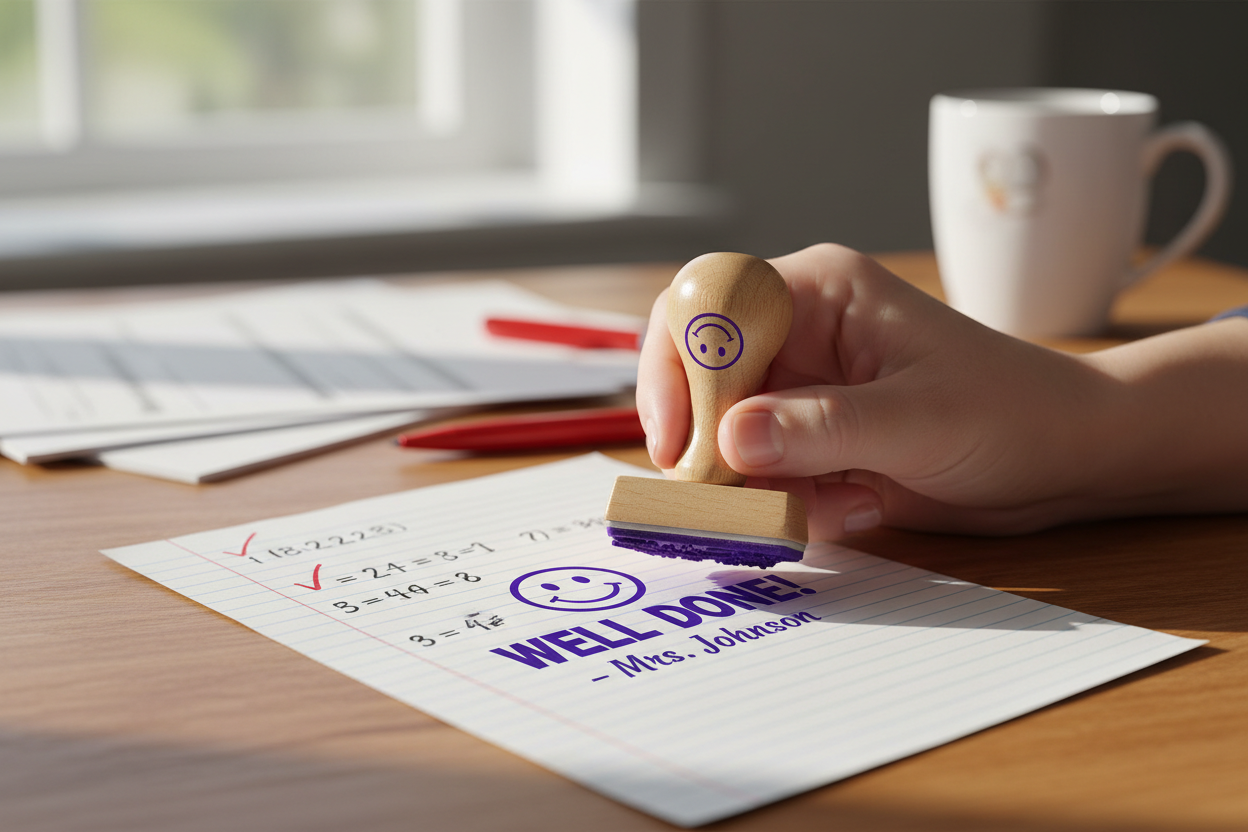 Teacher using custom feedback stamp on student homework paper